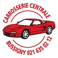 Logo de la carrosserie centrale de bussigny avec une voiture de luxe rouge
